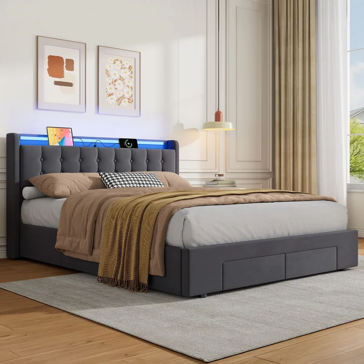 Polsterbett 160 x 200 cm, Samt, mit Bettkasten, Schubladen, USB-Anschluss und LED-Beleuchtung, Dunkelgrau – Bild 4