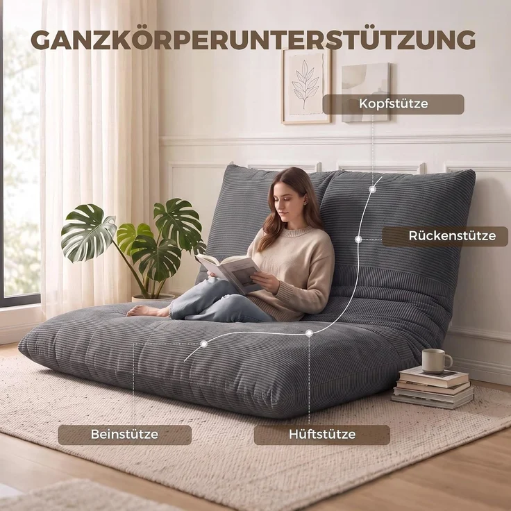 HOMCOM Bodensessel, Cordstoff, Schaumstoff, Dunkelgrau, 145 x 98 x 95 cm – Bild 8