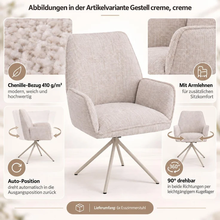 6er-Set Esszimmerstuhl HWC-G67, drehbar Auto-Position Metall Chenille (410g/m²) ~ Gestell creme, creme – Bild 2