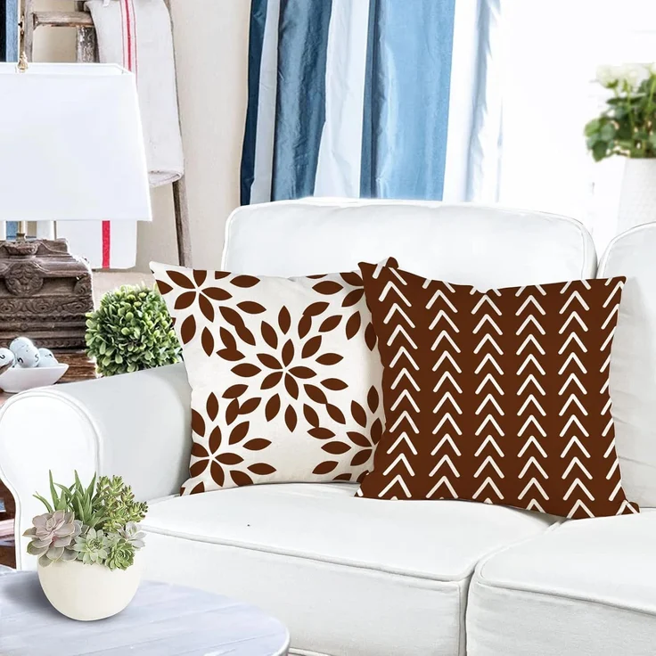 Kissenbezüge 45 × 45 cm 4er-Set Kaffee Braun, Outdoor Leinen Dekokissen, Couch Bett Auto – Bild 3