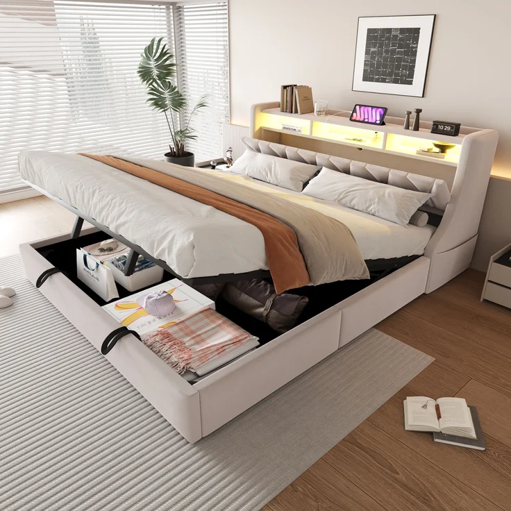U-life Polsterbett 180x200 cm, fürs Schlafzimmer, hydraulischer Stauraum, klappbar, Steckdose und Ablagefach, LED-Beleuchtung, Sperrholz, Beige – Bild 2