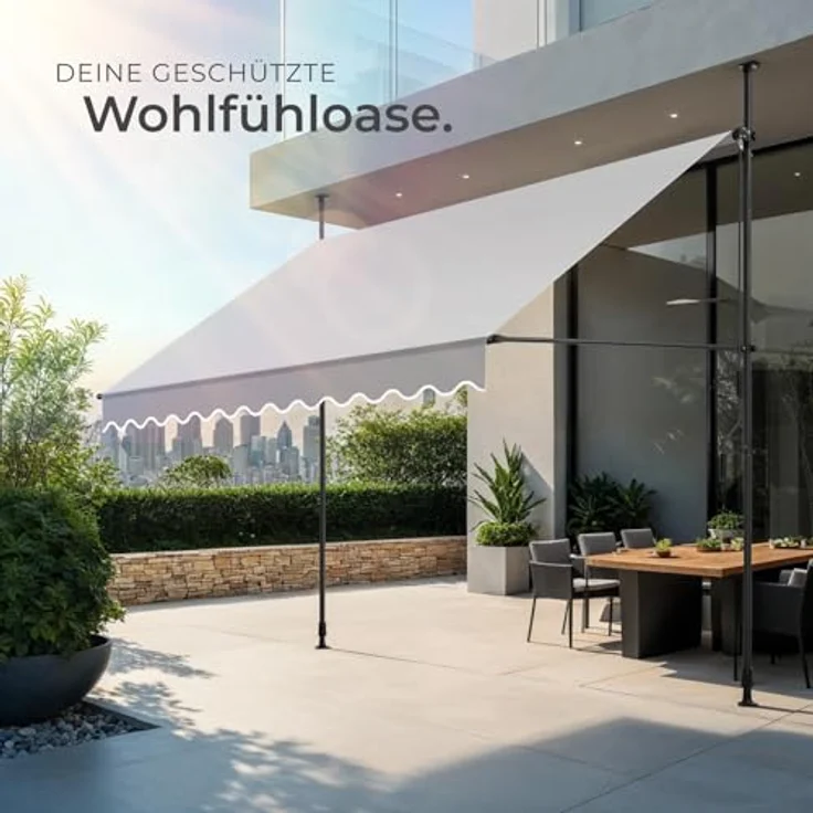 tectake® Klemmmarkise mit Handkurbel, Balkon Markise ohne Bohren, Markise höhenverstellbar, UV-beständig, wasserabweisend, Terrassenüberdachung, Sonnenschutz Terrasse & Balkon, Breite 300 cm -hellgrau – Bild 8