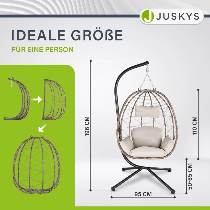 Juskys 'Aria' Hängesessel mit Kissen, höhenverstellbar & faltbar, Polyrattan beige, bis 130 kg belastbar – Bild 2