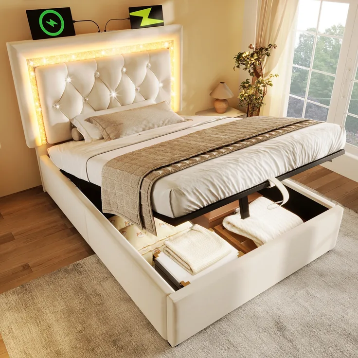 Polsterbett Einzelbett, mit LED-Diamantband im Kopfteil USB Type-C Ladestation hydraulischem Bettkasten Stauraum modernes Jugendbett Lattenrost ohne Matratze, Samt, Beige, 90 x 200 cm