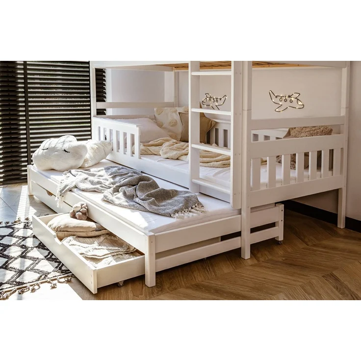 Kids Collective Hochbett 90x200 mit Ausziehbett Kinderbett mit Ausziehfunktion, zwei Schubladen Lattenrost, Rausfallschutz, umbaubar in drei Betten, Vollholz in weiss – Bild 2
