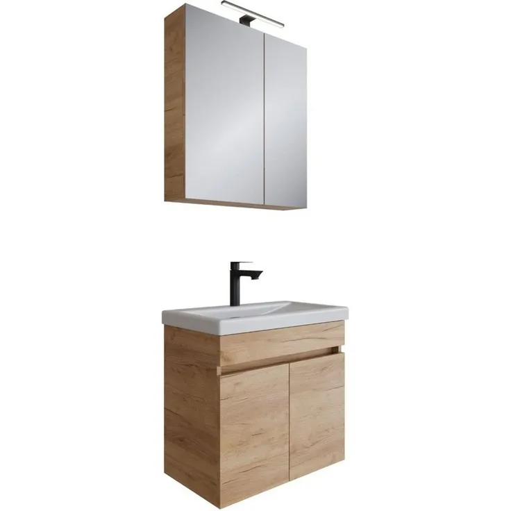 Planetmöbel Badmöbel-Set Badmöbel Set - Waschtisch mit Spiegelschrank 63 cm, (Waschbecken mit Unterschrank, 3-St, Spiegelschrank Bad mit Beleuchtung)