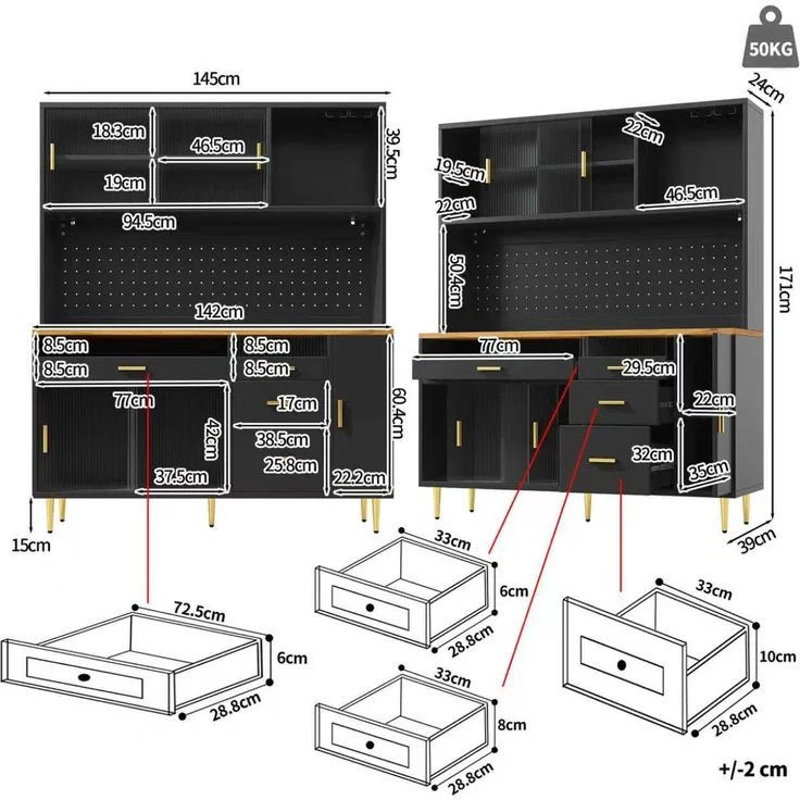 Sideboard 145x39x171 cm, schwarz, mit LED, Glasschiebetür, höhenverstellbaren Fächern – Bild 5