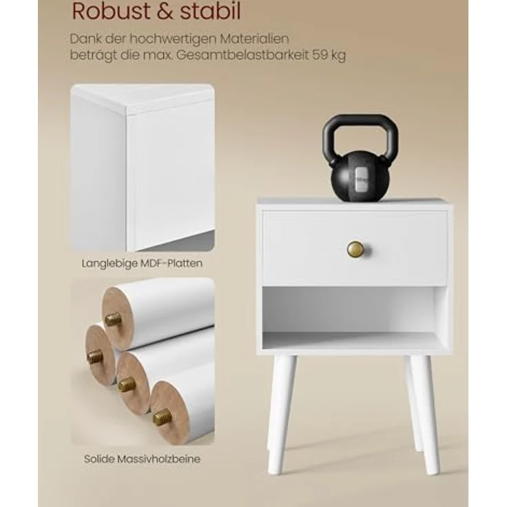Vasagle Nachttisch, Beistelltisch mit Schublade und offener Ablage, Holzbeine, Couchtisch für Wohnzimmer, Schlafzimmer, Sofa, schneeweiß – Bild 6