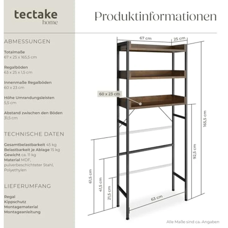 tectake Badezimmerregal mit 3 Ablagen, Badregal, Waschmaschinenregal, Industrial Design, Überbauschrank, Regal für Waschmaschine, Toilettenregal, WC Regal, 67 x 25 x 165 cm - Industrial Dunkelbraun – Bild 3