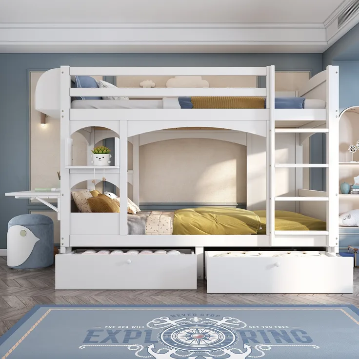 Multifunktionales Etagenbett mit klappbarem Schreibtisch, Schubladen und Regal, 107x245x160 cm, Weiß, ohne Matratze