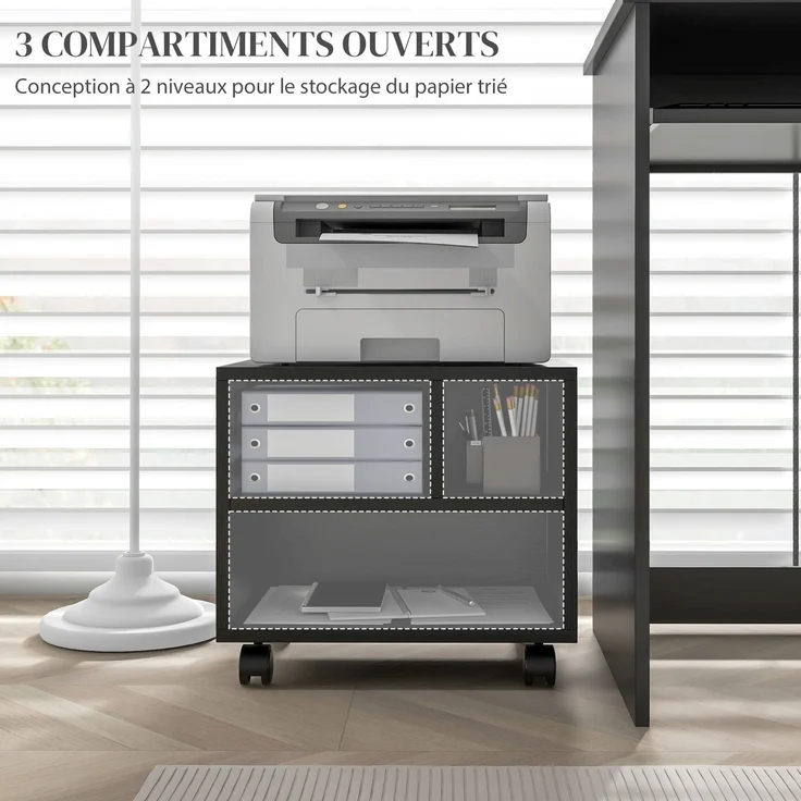 Druckerhalter, Büroschrank, Rollcontainer mit 3 offenen Fächern, 40 x 30 x 36 cm, schwarz – Bild 6