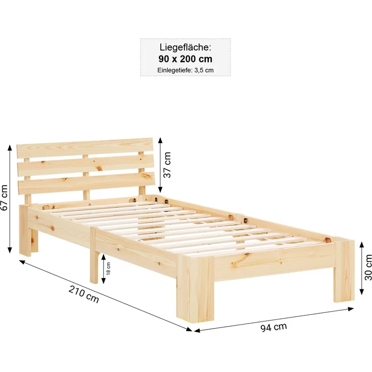 Holzbett Jugendbett Einzelbett 90x200 Bett mit Matratze und Lattenrost Holzbettrahmen Natur Massiv Holz – Bild 4