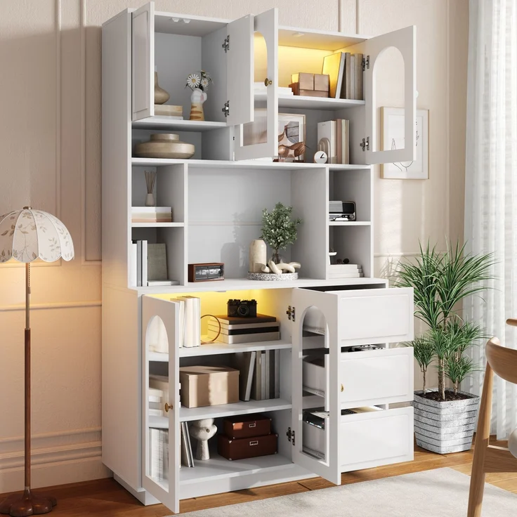 Hoher Sideboard Schrank, Küchen Staurschrank mit Bogen-Acryltüren, Bar-Schrank mit offenen Fächern, Schrank mit APP-gesteuerter farbverstellbarer LED-Beleuchtung,Wohnzimmer Vorratschrank--Weiß--106x30x175cm--YOUDENOVA – Bild 2