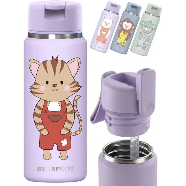 BEARFOOT Trinkflasche TINY Thermo Kinder Trinkflasche Edelstahl - Katze lila, Thermosflasche, auslaufsicher, Edelstahl, Kinderflasche, BPA-frei – Bild 1