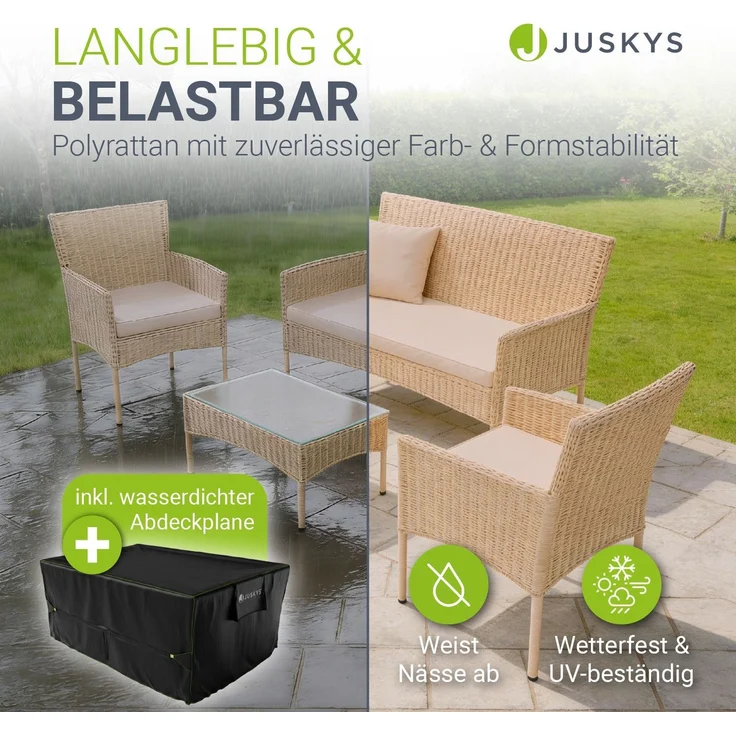 Juskys Polyrattan Gartenmöbel-Set Fort Myers creme inkl. Abdeckung – Sitzgruppe mit Tisch, Sofa & 2 Stühlen - Balkonmöbel für 4 Personen mit sandfarbigen Auflagen – Bild 3