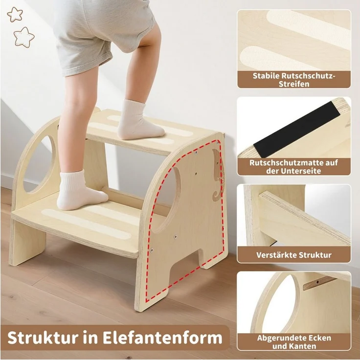 OSTWOLKE Tritthocker mit 2 Stufen Holzhocker für Kinder Montessori Hocker (1 St), Kindertreppchen Schemel für Bad, Küche, Kinderzimmer ab 2 Jahre – Bild 3