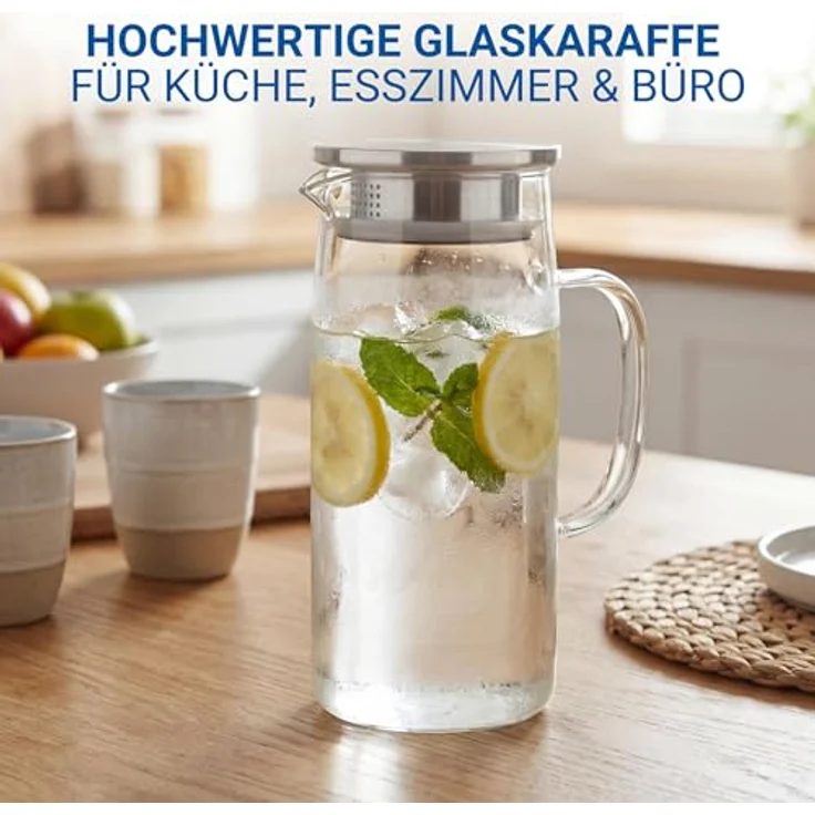 elasto Wasserkaraffe Glaskaraffe mit Deckel und Sieb 1 Liter aus Borosilikatglas – Bild 5