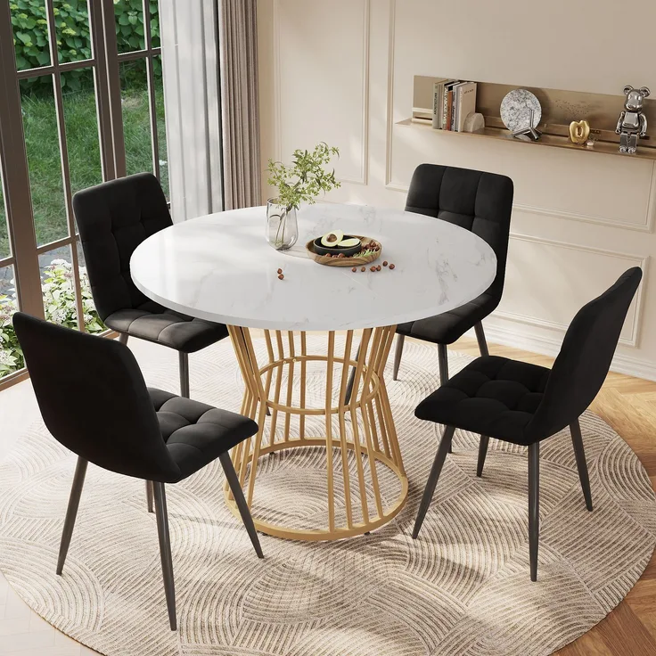 Runder Esstisch 100 cm Durchmesser x 75 cm Höhe, MDF-Tischplatte mit Marmormuster, stabiles Metallgestell, runder Küchentisch für Esszimmer