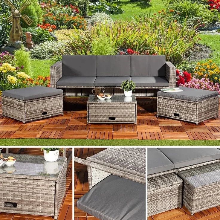 Polyrattan Sitzmöbel Set Sofa Tisch 2 Hocker grau Lounge Gartenset Rattanmöbel – Bild 2