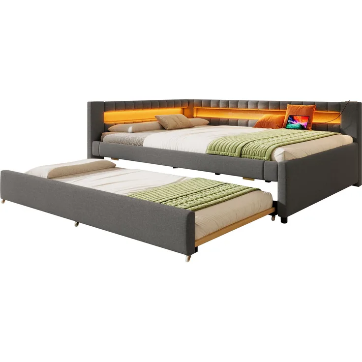 Daybett 140x200 cm Tagesbett Schlafsofa mit ausziehbarem Rollbett, LED-Fernbedienungslichtleiste, USB & Type-C Ladestation, Leinen, Grau