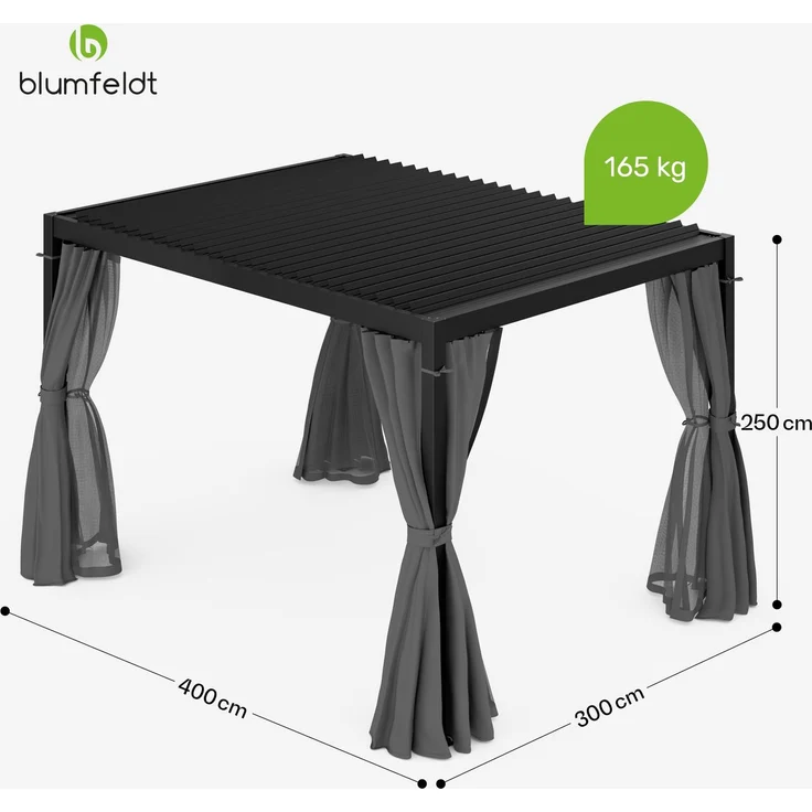Blumfeldt Pergola 3x4 m - Verstellbares Lamellendach, Wasserdicht & Winterfest, Inkl. Vorhänge & Moskitonetze, UV-Schutz, Aluminium-Rahmen, Schwarz – Bild 8