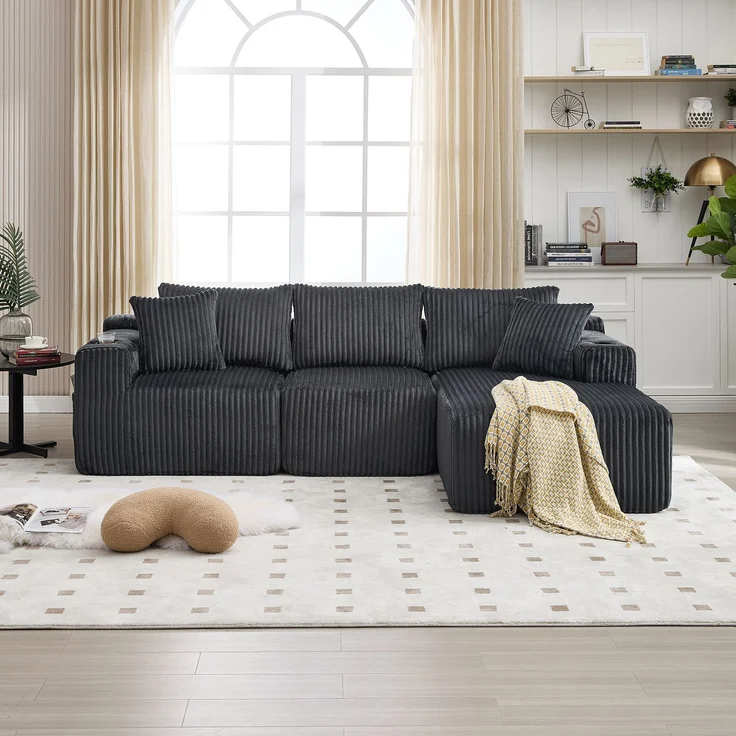 Modulares Sofa Set mit Chaiselongue & 2-Sitzer in Grau, weicher Cordbezug, 5 Kissen & Getränkehalter – Bild 2
