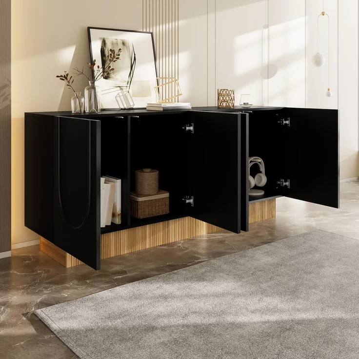ZUBALIYA Sideboard 160x38x75 cm, mit 4 Türen, aus Spanplatte, Schwarz / Holzfarben – Bild 4