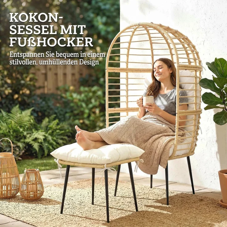 Outsunny Eiersessel, PE-Rattan, Stahl, Beige, 76L x 65B x 147H cm – Bild 4