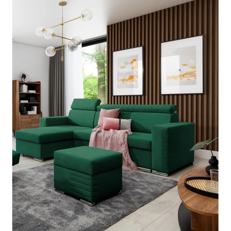 Ecksofa Schlafsofa inkl. Hocker CANTON Stoff Camelia Grün Ottomane Links