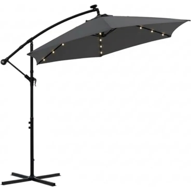 Terrassenschirm Grau Kurbelschirm 350 cm Ampelschirm LED Sonnenschutz Garten Gartenschirm Marktschirm Sonnenschirm Strandschirm 3,5 Meter Aufklappbar