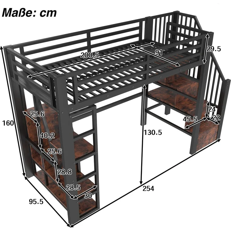 Hochbett mit RGB LED-Streifen und Regal, 90x200cm, Metallbett mit Rausfallschutz, Lattenrost und Treppe, Kinderbett – Bild 6