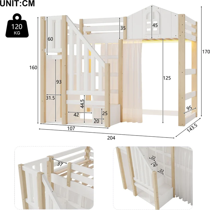 Hochbett 90x200 cm mit LED-Leuchten, Fensterform, Ablageleiter, offenem Staufach, Gaze, Kiefernholz, Weiß+Natur – Bild 10