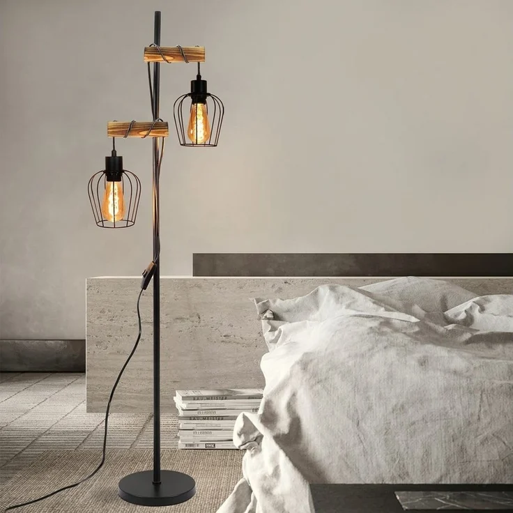 Nettlife Stehlampe Vintage Holz schwarz 151 cm hoch 2-flammiges, LED wechselbar, für Wohnzimmer schlafzimmer Esszimmer Büro – Bild 1