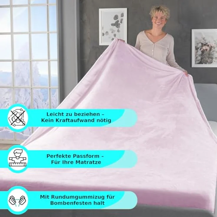 MALIKA® Premium warme Spannbettlaken Cashmere-Touch Bettlaken Jersey Fleece Spannbetttuch Laken, Farbe:Rosa, Größe:120x200 cm – Bild 6