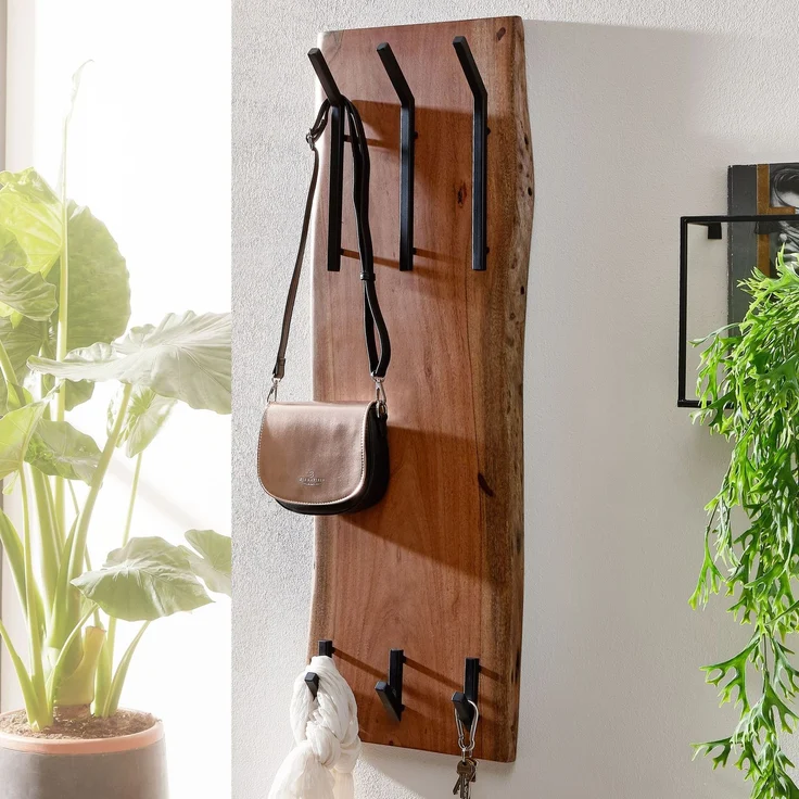 Wohnling Wandgarderobe Akazie Massivholz Metall Hakenleiste 2-reihig 35,5x100x11cm Braun – Bild 3