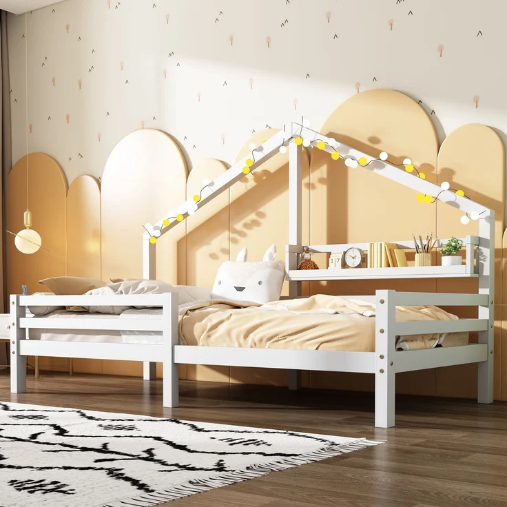 Bett 90x200 cm Hausbett aus Kiefernholz mit Regal – skandinavischer Stil – Bild 4