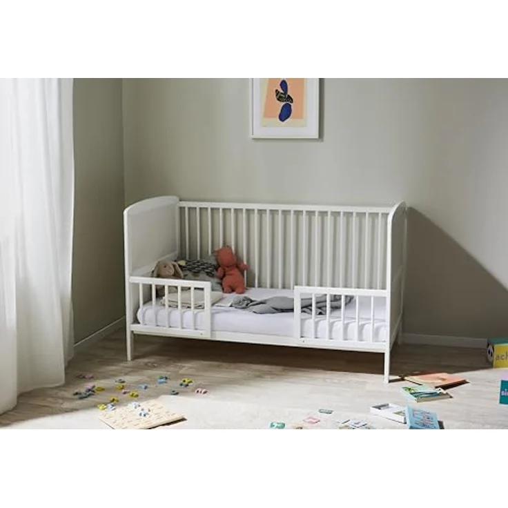 Babybett Kinderbett 70x140 Umbaubares Gitterbett höhenverstellbar & herausnehmbare Sprossen optional mit Matratze | Weiss Vollholz Kiefer Made in Europe – Bild 5