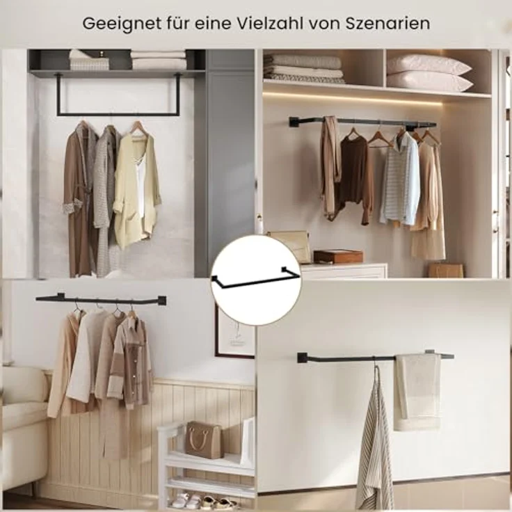 eSituro 2er Set Kleiderstange Wand Rechteck, Garderobenstange Wandmontage, aus Industrierohr, platzsparend, für Flur Küche Wohnzimmer Badezimmer, 50 kg belastbar, 94x6,5x30 cm, Schwarz – Bild 7