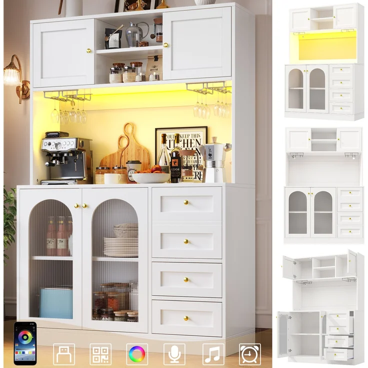 Buffetschrank mit LED-Lichtleiste & Fluted Glas, 120x40x188 cm, Weiß – Bild 5