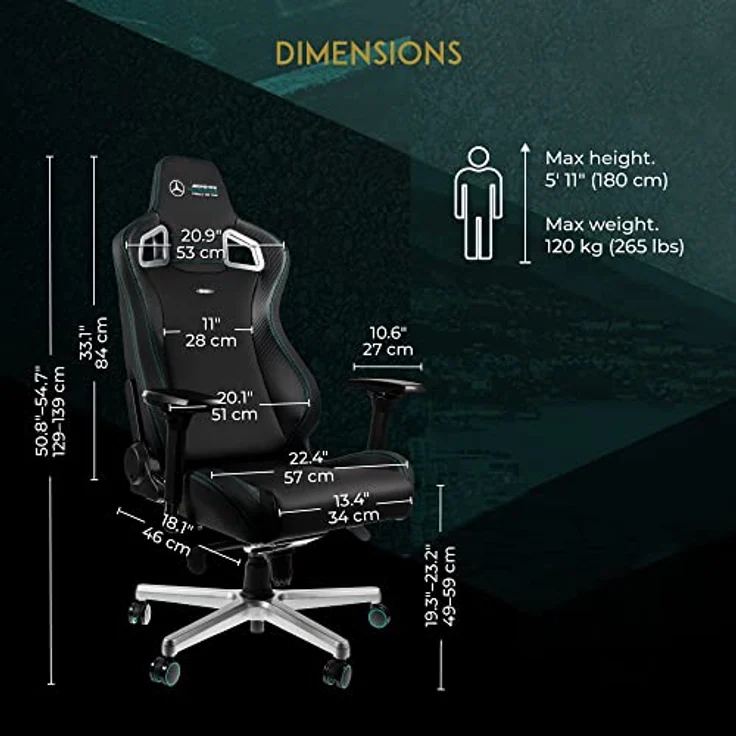 noblechairs Epic Gaming Chair, Bürostuhl Ergonomisch, Schreibtisch Stuhl, Gaming Stuhl, PU Leder Hybrid Bezug, Belastbarkeit 120, Mercedes AMG Petronas, Formula One Team 2021 Edition – Bild 4