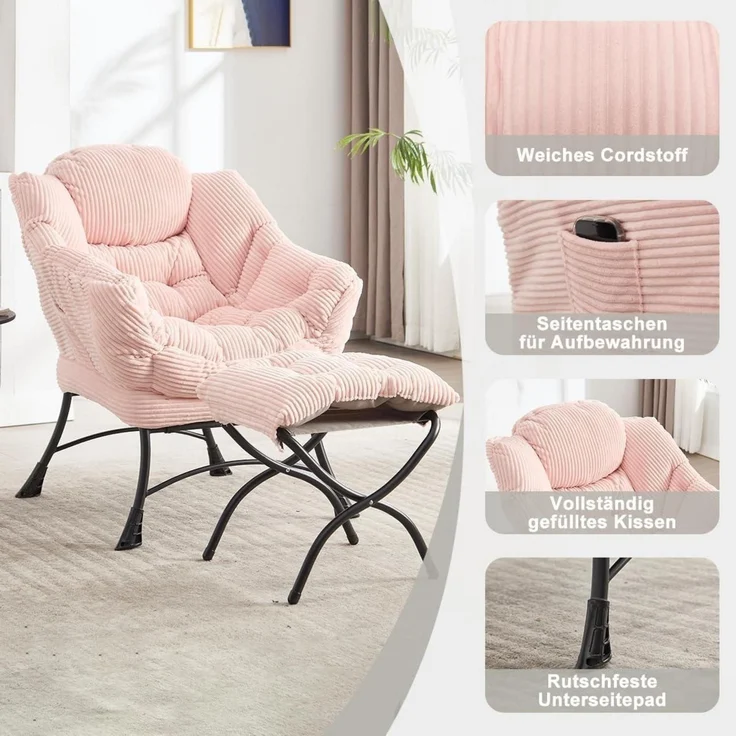 Ohrensessel Hocker Armlehnen Seitentasche Ottoman Rosa – Bild 3