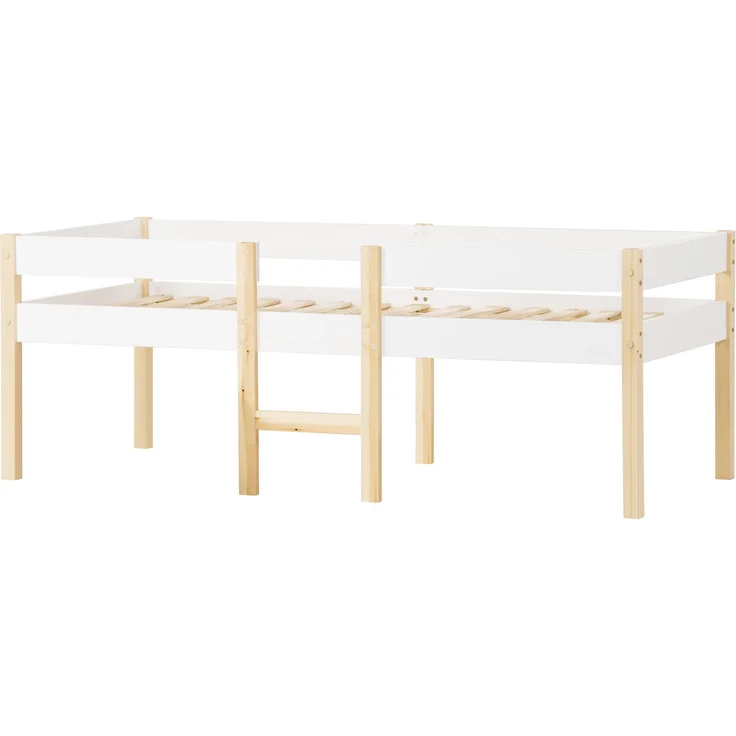 Bett Kinderbett mit Rausfallschutz, Kiefer-Vollholz-90x200 cm-Weiß & Eiche – Bild 7