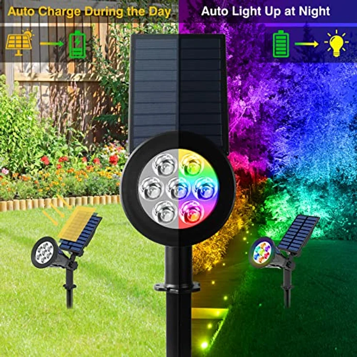 T-SUN Solarleuchte Garten, 2 Stück 7LED Solarstrahler mit 2-in-1 wasserdicht, 7 Farbwechsel, 2 Einstellmodi, Auto-on/off, 320 Lumen – Bild 4