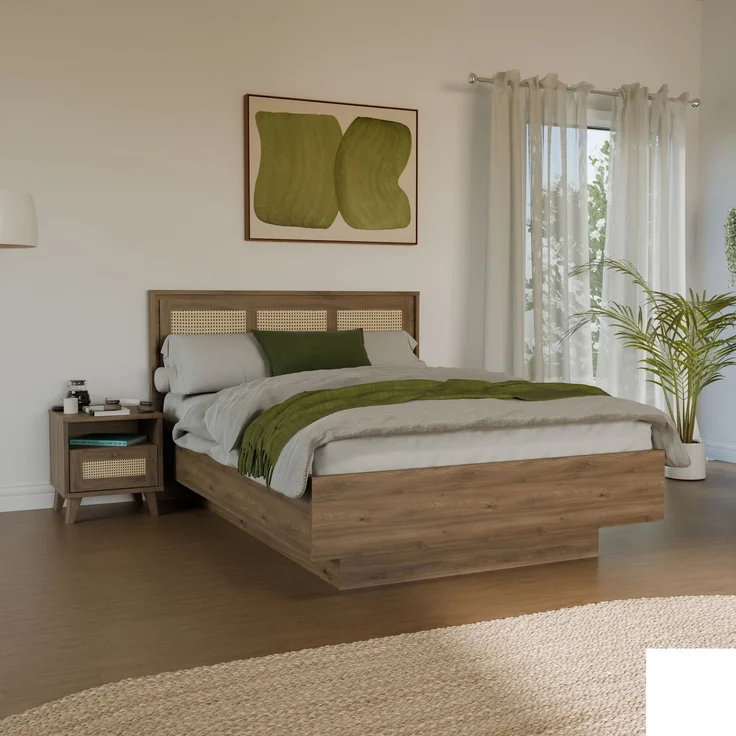 Forte GLENKEEN Bett, Liegefläche 140 x 200 cm, Bettgestell im Bohostil mit Rattangeflecht, Stauraum, Valencia Eiche Holzdekor | Naturrattan, 149,9 cm breit x 105,5 cm hoch x 204,9 cm tief – Bild 1