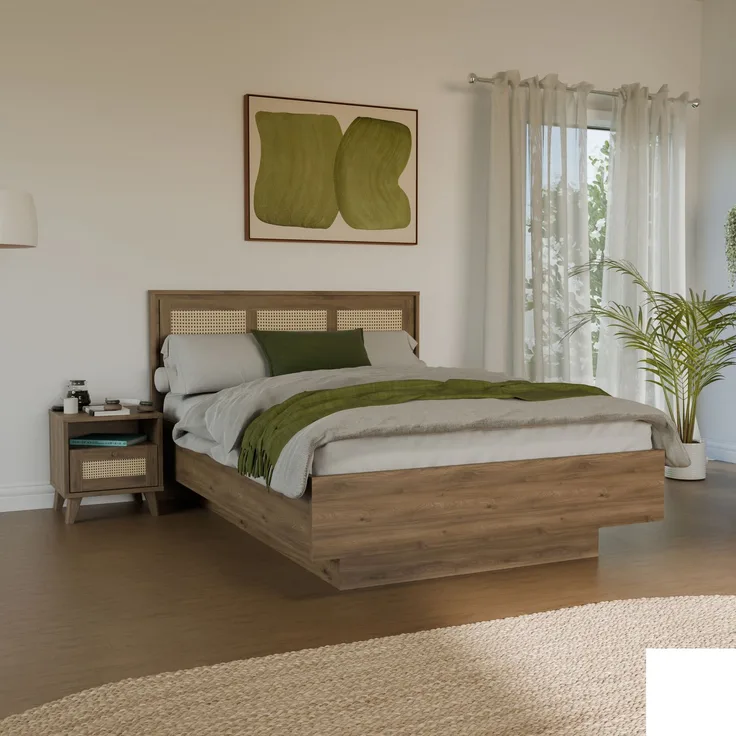 Forte GLENKEEN Bett, Liegefläche 140 x 200 cm, Bettgestell im Bohostil mit Rattangeflecht, Stauraum, Valencia Eiche Holzdekor | Naturrattan, 149,9 cm breit x 105,5 cm hoch x 204,9 cm tief