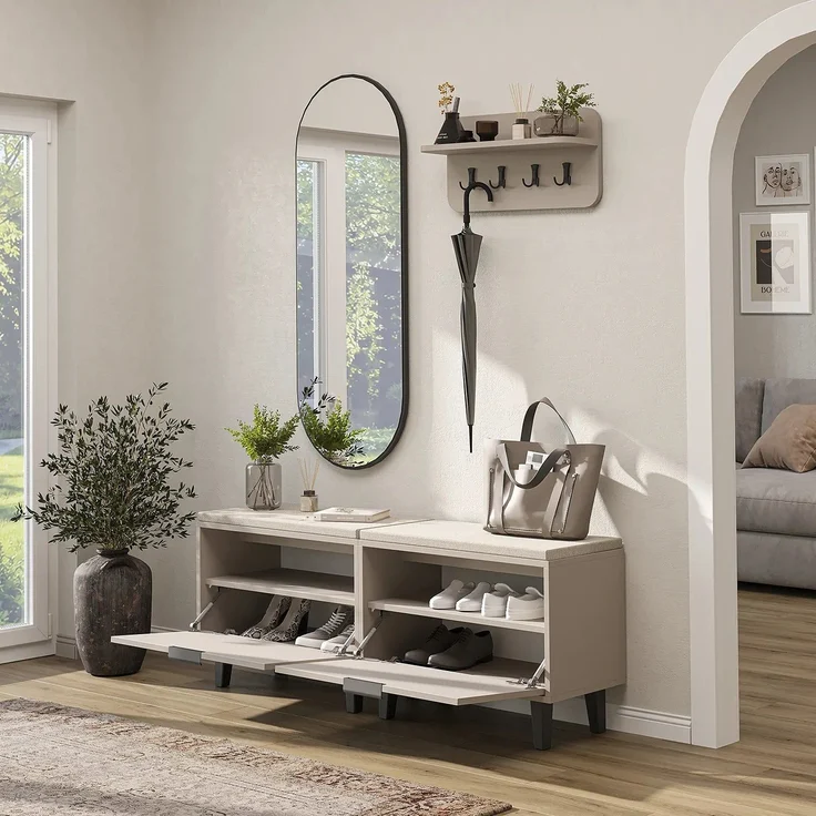 Roomart NORD Garderobenset 4-teilig – 2 Sitzbänke mit Schuhklappe, Wandgarderobe & ovaler Spiegel – Flurgarderobe – H 53 x B 73.6 x T 35 cm (Sitzbank) • Beige – Bild 3