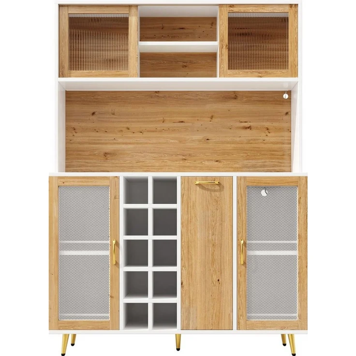 Flieks Küchenbuffet mit Steckdose, LED-Beleuchtung, Glasschiebetüren und Weinregal (Buffetschrank in Holzoptik mit Glasschiebetüren und Drahtgitter-Türen, 1-St, B120/T40/H170 cm) Hochschrank Küchenschrank Geschirrschrank mit verstellbarer Ablagen – Bild 4