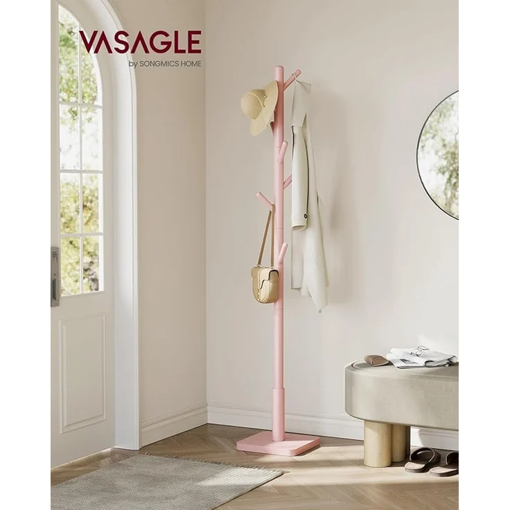 VASAGLE Garderobenständer, Kleiderständer Massivholz, Jackenständer Baumform, 8 Haken für Jacken, Hüte, für Flur, Haken und Haltestange aus Kautschukholz, pastellrosa – Bild 5
