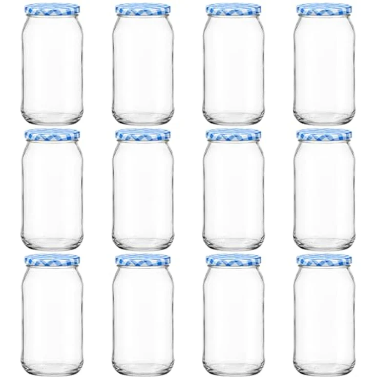 hocz 12x Einmachgläser 900 ml | mit Deckel Blau Kariert TO 82 | leere Gläser mit Schraubdeckel zum befüllen | Sturzgläser, Schraubgläser, Marmeladengläser Set | 12 Stück – Bild 1