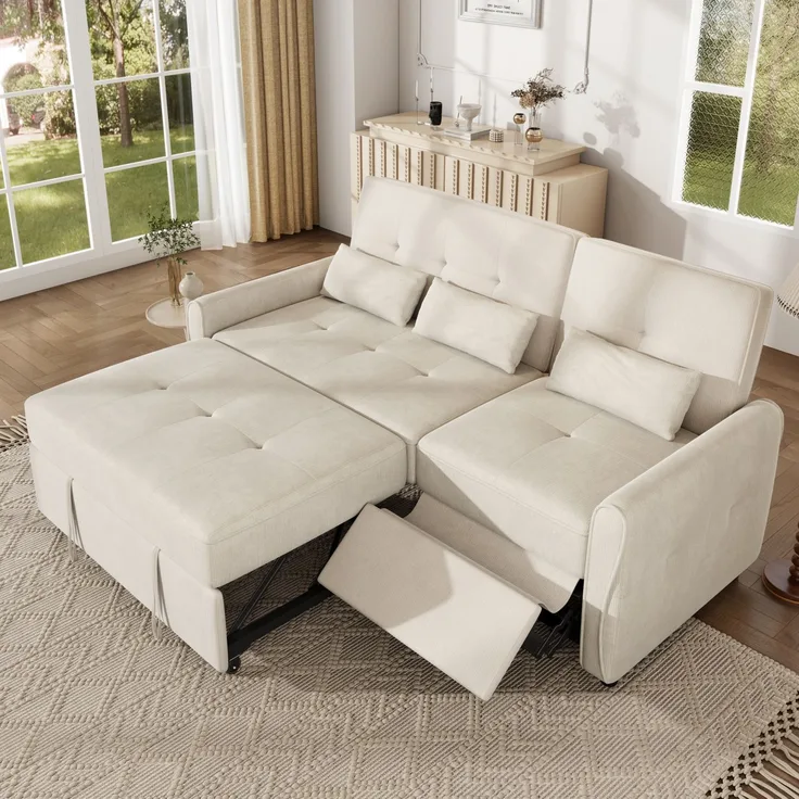 DESVIAE Schlafsofa 3-Sitzer Beige aus Chenille – 176x83x148 cm – Ausziehfunktion, 3-fach verstellbare Rückenlehne